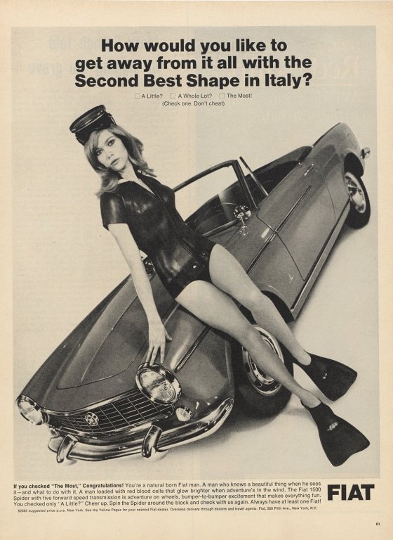 Original 1966 Fiat 1500 Spider Convertible Ad: Original 1966 magazine advertisement for Fiat's Spider Convertible, professionally mounted on canvas for preservation. Features a sexy Italian girl, wearing scuba gear, propped against the car. Black 