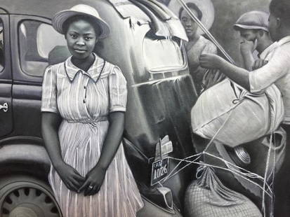 20thc Signed Oil Painting, African American: 20th Century photo-realism, "Elenora" signed on reverse R. Bianco. Oil on linen canvas. Black, white & gray tone painting, depicting a young African American woman in the first half of the 20th Centur