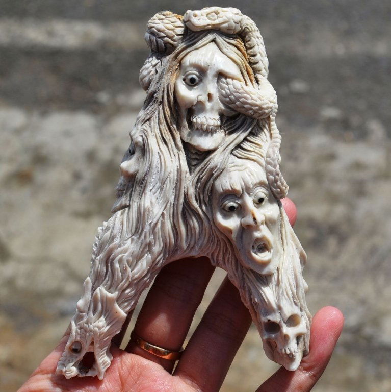 Carved Antler, Tortured Spirit Ghost Cane Handle: Hand-carved shed elk antler, in the form of ghouls, ghosts, or spirits - tortured souls entwined with snakes & dragons. Knife, dagger or cane walking stick handle. 120 X 8 X 20mm. 91gr.