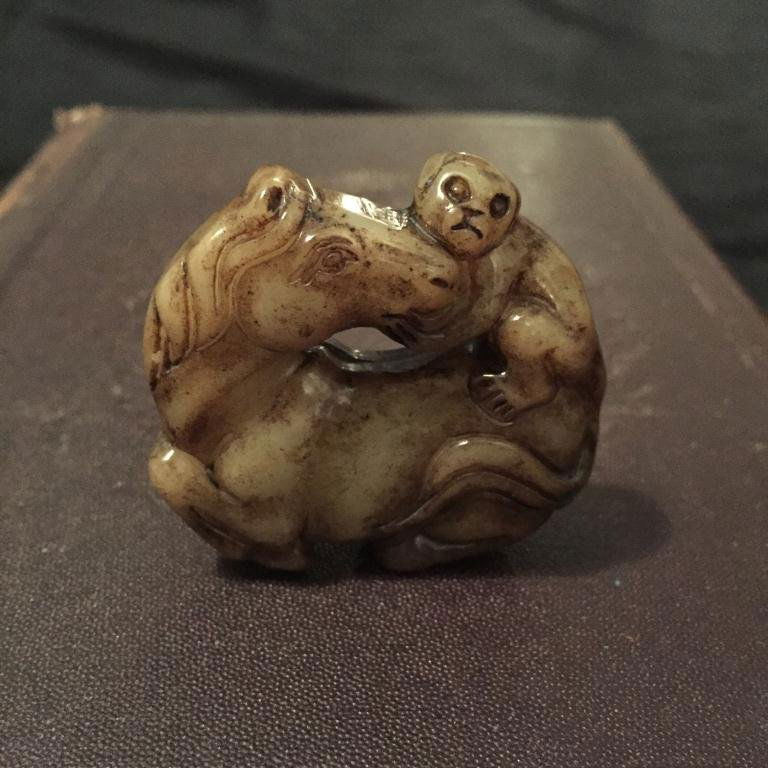 Carved Stone Monkey & Horse Totem Pendant: Chinese carved stone, in the form of a monkey riding a horse, totem or pendant. Symbolic for an immediate promotion in official rank. 2"D.