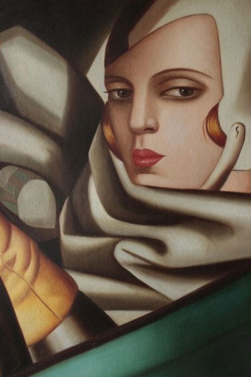 Art Deco-Style Oil Painting, Autoportrait, Bugatti: Art Deco-Style oil on canvas painting. Tribute to Polish artist Tamara de Lempicka's famous 1929 Autoportrait ,self portrait "Tamara in a Green Bugatti". The original was the cover for the 1929 German
