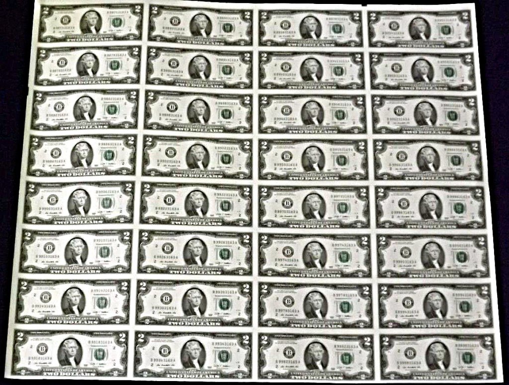 Rare, Mint Uncut Sheet, $2 Federal Reserve Notes: Rare & fabulous, original mint condition, uncut sheet of 32 $2.00 Federal Reserve notes, bills.