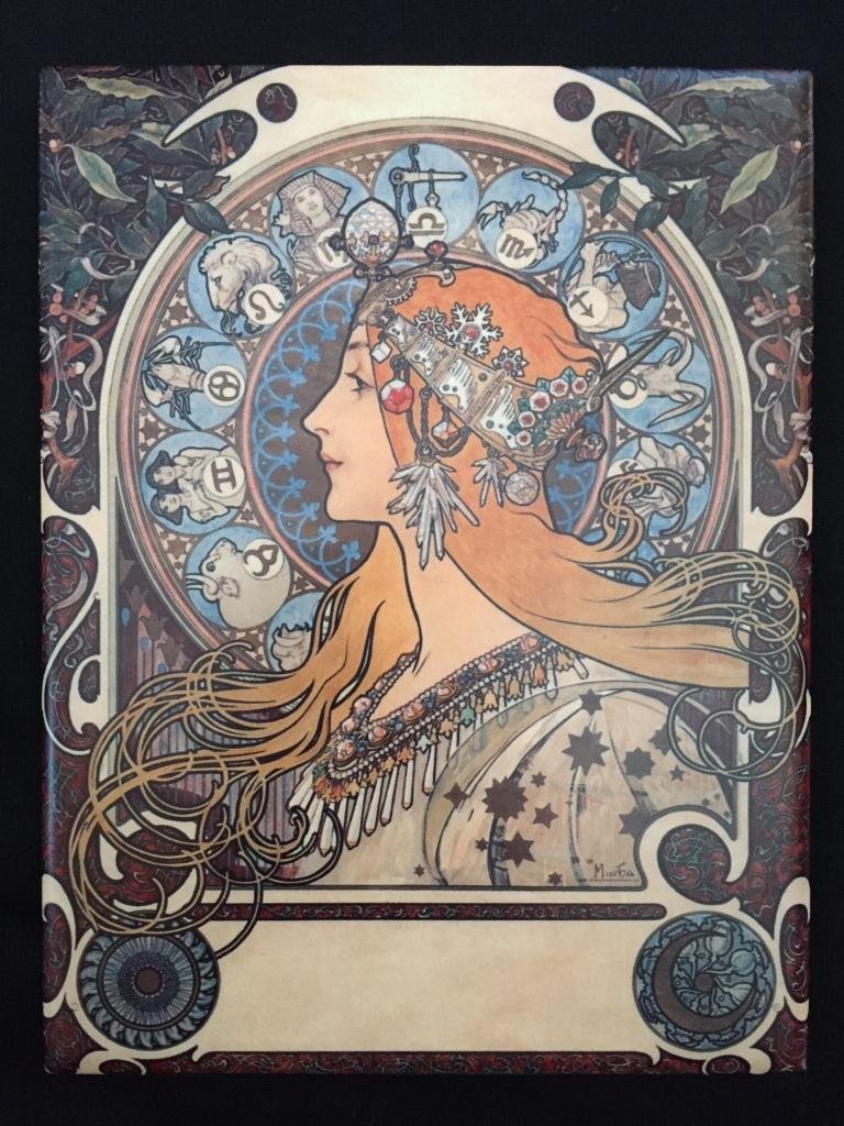 Alphonse Mucha Zodiac Ceramic Art Tile: New ceramic art tile depicting Alphonse Mucha's zodiac, with blonde art nouveau lady bust, facing left, her head surrounded by the signs of the zodiac. 6" X 8".