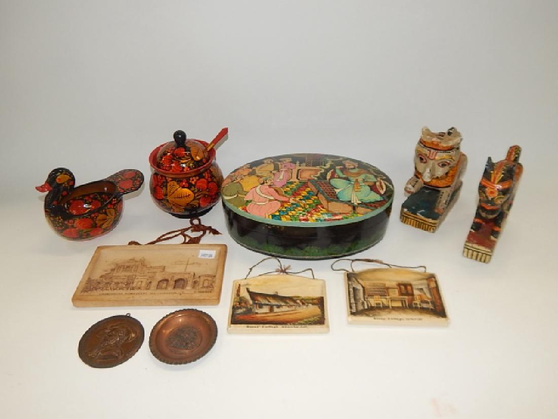 COLLECTION PAINTED ITEMS: MINOR PAINT LOSS. SOME SCUFFS, DINGS, CHIPS. MAJORITY GOOD CONDITION. BOX IS 2 AND 1/2" TALL, 9 LONG BY 6 AND 3/4" WIDE.