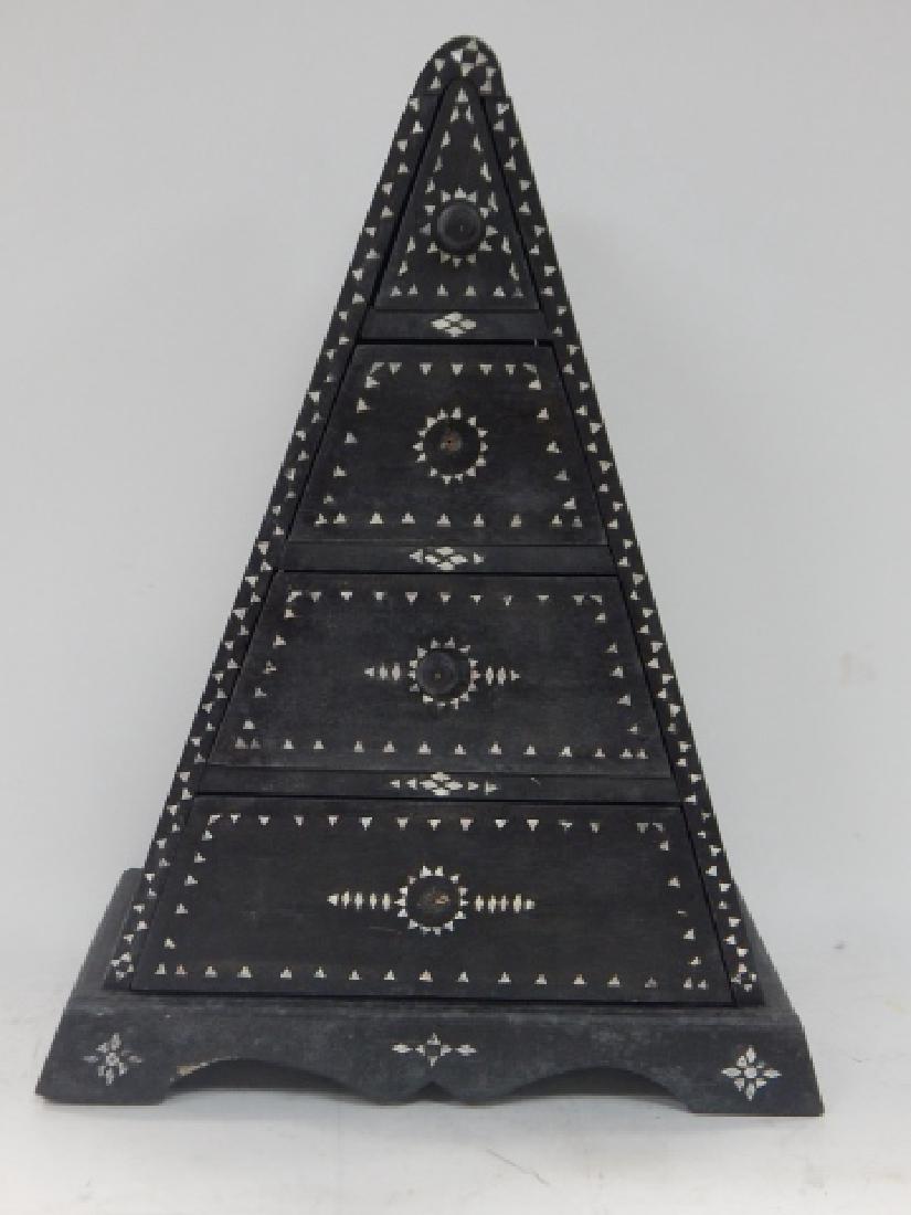 INLAID TRIANGULAR DRESSER BOX: 20 AND 3/4" TALL, 15" LONG, 8" WIDE. FITTED WITH FOUR DRAWERS -TWO MISSING HANDLES.