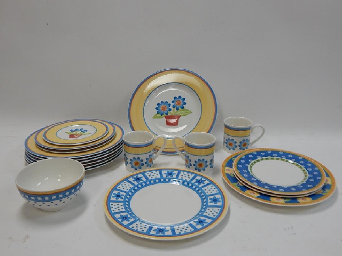 COLLECTION OF VILLEROY & BOCH DISHES: INCLUDES 9 DINNER PLATES, 4 SALAD PLATES, 1 DESSERT PLATE, 3 MUGS, AND 1 BOWL, IN DIFFERENT PATTERNS. GOOD CONDITION