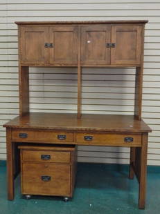 GUSTAV STICKLEY COMPUTER DESK: THREE PIECES. GUSTAV STICKLEY COMPUTER DESK BY TOM PRICE. MINOR WARE AND RUB ON FINISH. SIGNED INSIDE DRAWER MEDTALK LABEL WITH A DETACHABLE FILE DRAWER.