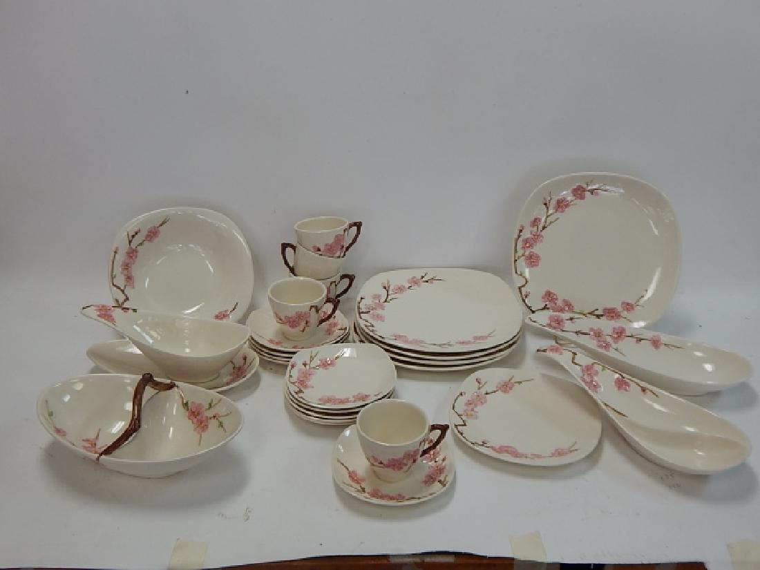 PEACH BLOSSOM BY POPPYTRAIL, SERVICE FOR 5: PEACH BLOSSOM SERVICE FOR 5 BY POPPYTRAIL. HAND PAINTED. 10" DINNER PLATES WITH GRAVY BOWL, DIVIDED BOWLS, TEA CUPS AND SAUCERS, AND MORE.
