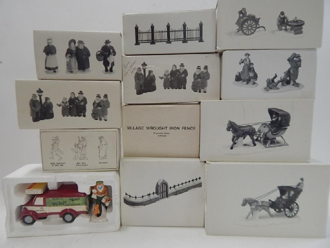 12 PCS. ACCESSORIES FOR DEPARTMENT 56 VILLAGE: 12 PIECES OF HERITAGE VILLAGE COLLECTION BY DEPARTMENT 56. INCLUDES FIGURES, CAR, HORSE AND BUGGIES, AND MORE.