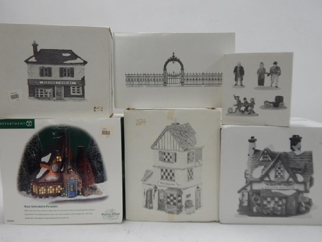 6 PC. DEPARTMENT 56 HERITAGE VILLAGE COLLECTION: 6 PIECES OF HERITAGE VILLAGE COLLECTION BY DEPARTMENT 56 INCLUDES BUILDINGS, FIGURES, AND ACCESSORIES.