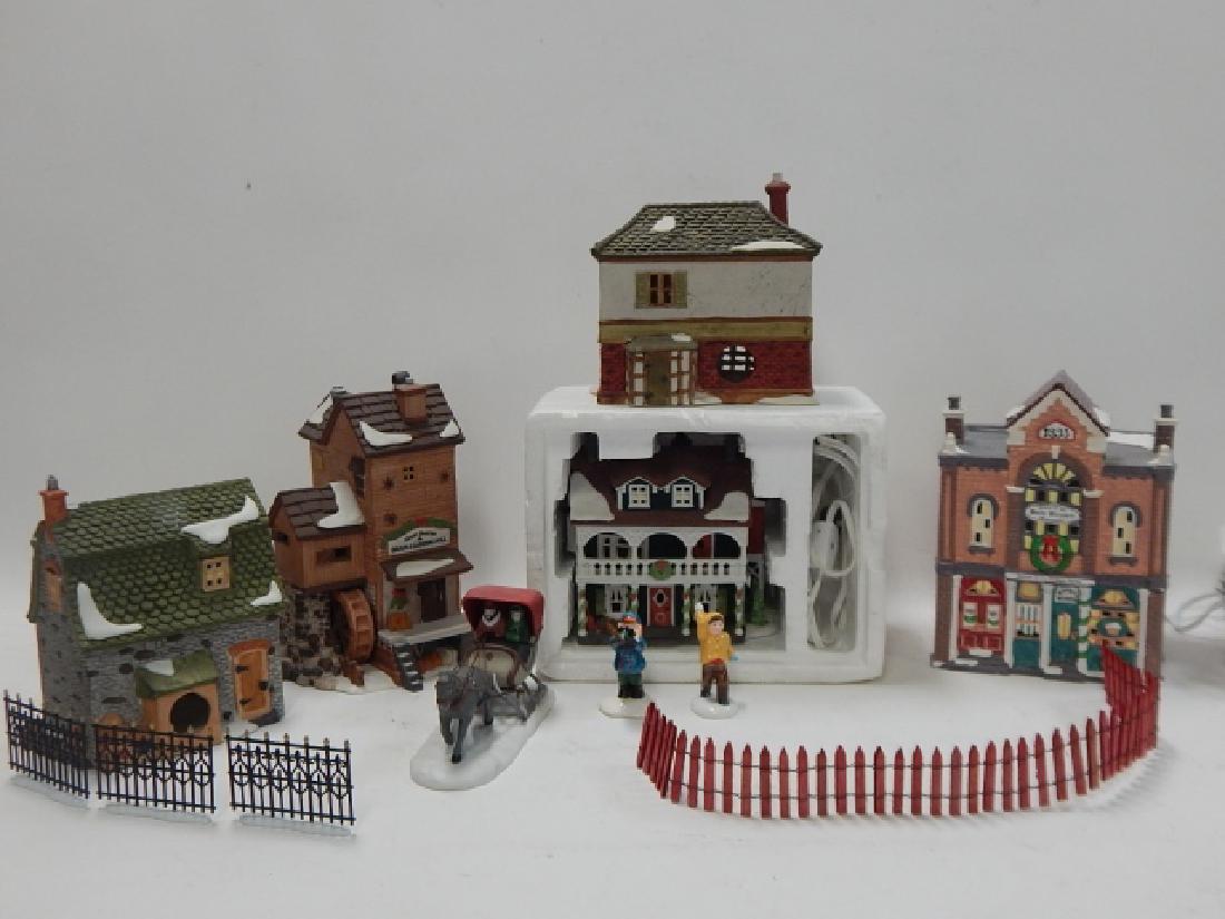ASSORTED DEPARTMENT 56 VILLAGE PCS: NO BOXES. COLLECTION OF PORCELAIN BUILDINGS AND ACCESSORIES.