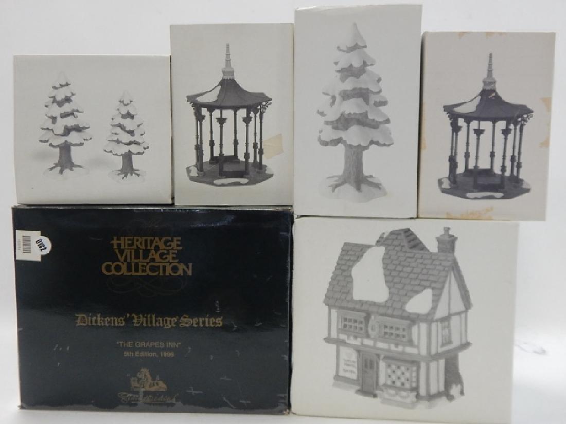 6 PC. DEPARTMENT 56 HERITAGE VILLAGE COLLECTION: 6 HERITAGE VILLAGE COLLECTION BUILDINGS BY DEPARTMENT 56. INCLUDES BUILDINGS, TREES, AND GAZEBO'S