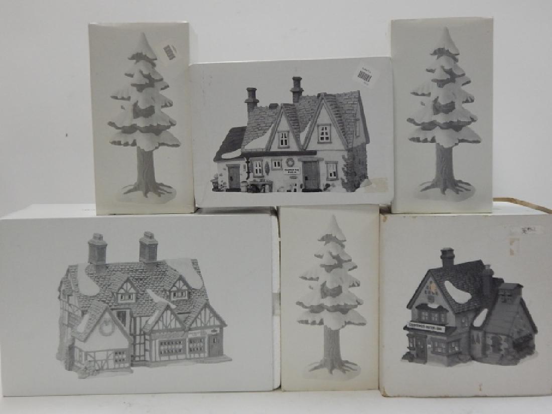 6 PC DEPARTMENT 56 OF HERITAGE VILLAGE COLLECTION: 6 PIECES OF HERITAGE VILLAGE COLLECTION BY DEPARTMENT 56. "DICKENS VILLAGE COLLECTION" ALONG WITH TREES