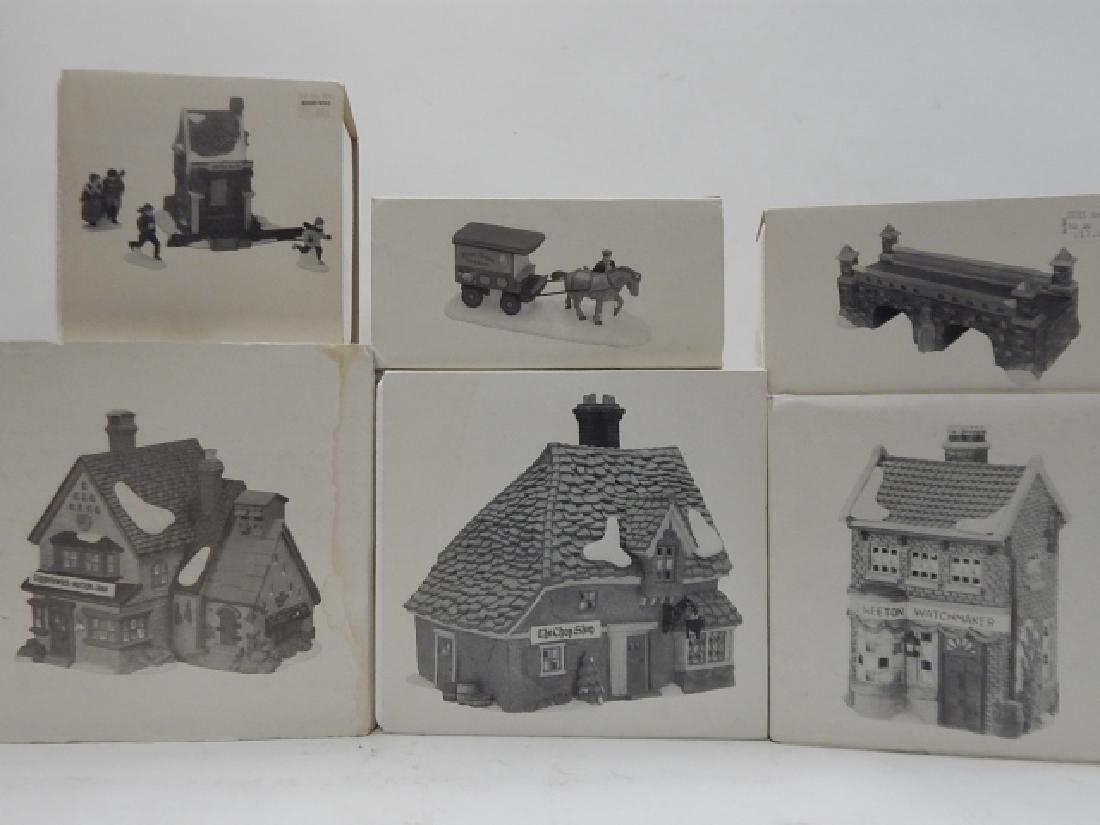 6 PC. DEPARTMENT 56 HERITAGE VILLAGE COLLECTION: 6 PIECE HERITAGE VILLAGE COLLECTION BY DEPARTMENT 56. INCLUDES BUILDINGS, FIGURES, AND ACCESSORIES.