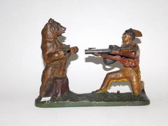 J-E STEVENS CAST IRON INDIAN SHOOTING BEAR BANK