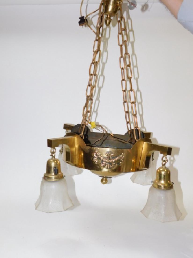 BRASS HANGING FIXTURE WITH ETCHED GLASS SHADES (1 of 2)