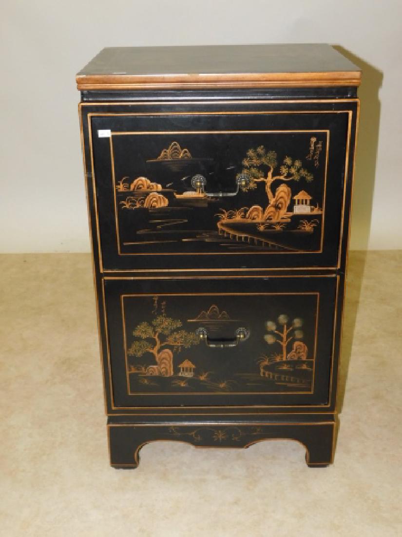 2 DRAWER ORIENTAL NIGHTSTAND: MINOR SCUFFS AND CHIPS