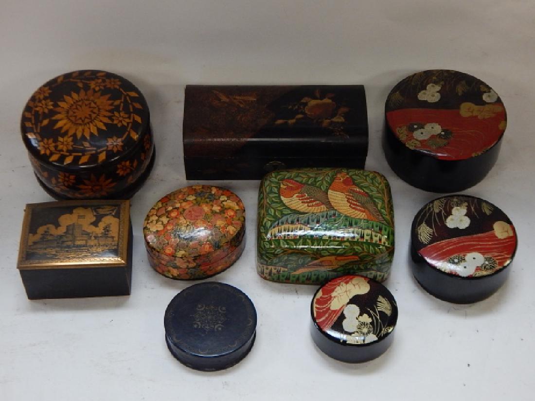 LOT OF HAND DECORATIVE BOXES: LARGEST IS 2 " BY 6 1/2".