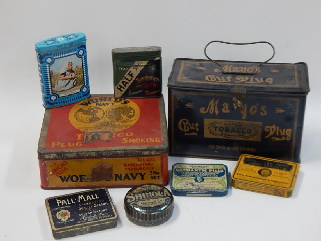 COLLECTION OF TINS: LARGEST IS 5" BY 8". DINGS, DENTS, SCUFFS, ETC