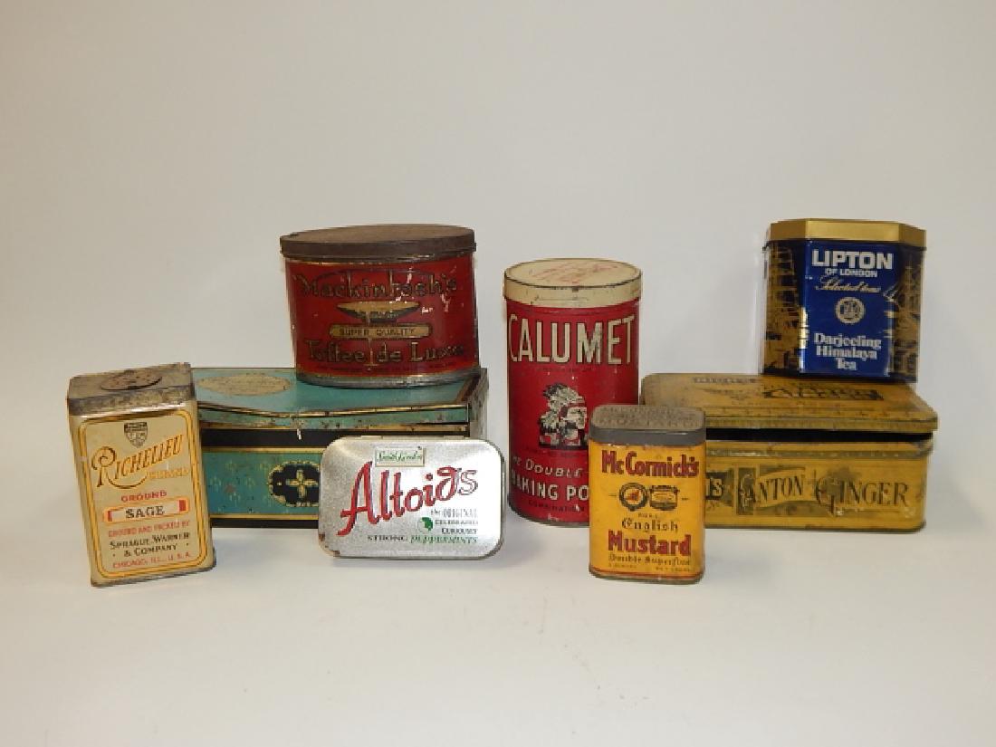 COLLECTION OF TINS: LARGEST IS 2 1/2" BY 7". DINGS, DENTS, SCUFFS, ETC