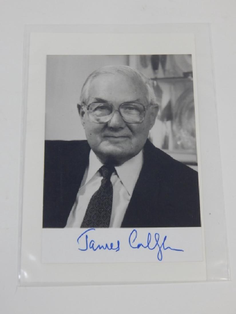 JAMES CALLAGHAN PHOTO AND AUTOGRAPH: Leonard James Callaghan, Baron Callaghan of Cardiff, KG, PC (27 March 1912 â€“ 26 March 2005), often known as Jim Callaghan, was a British politician who served as the Prime Minister of the Unite