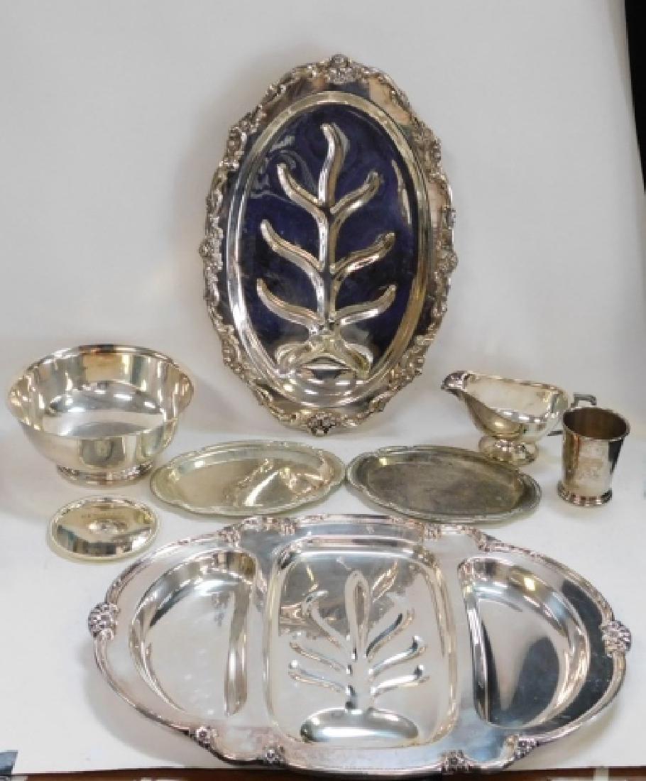 COLLECTION OF SILVER PLATE: AS IS. REMEMBERANCE, NEWPORT, LUNT, APOLLO, SHERIDAN, SEBA. FOOTED THREE-SECTION TRAY IS 22" BY 15 1/2". TRAY 19" BY 13". LARGEST BOWL 4 1/4" BY 9"