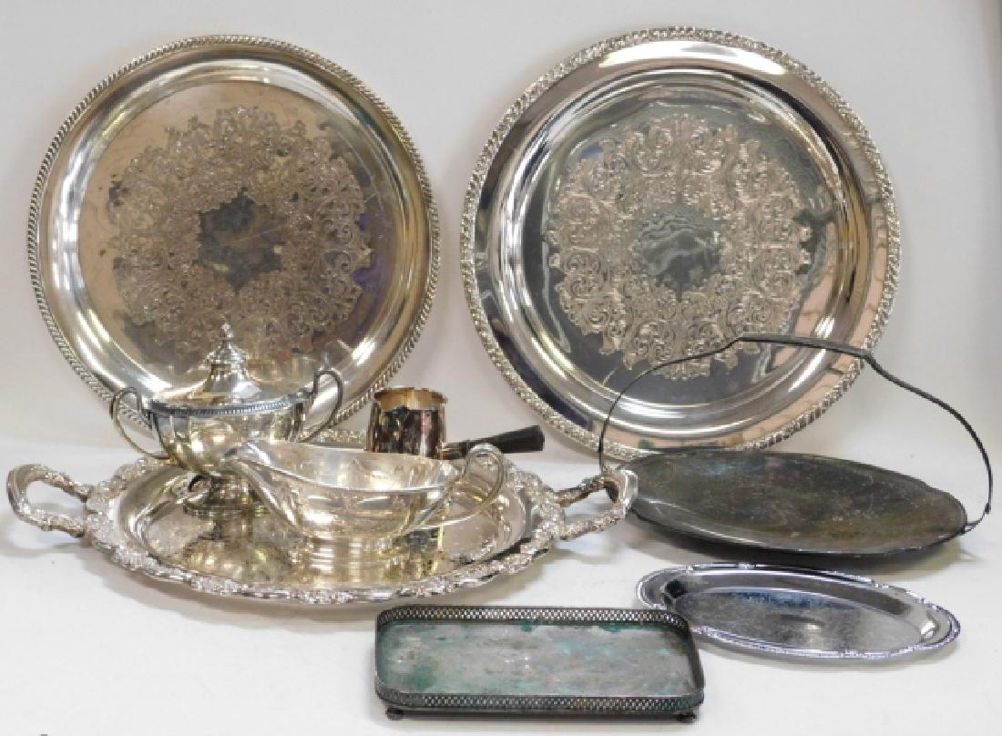 COLLECTION OF SILVER PLATE: AS IS. SHEFFIELD, COMMUNITY. TRAY WITH HANDLE 19 3/4". OTHERS ARE 14" AND 15" AND OTHERS.