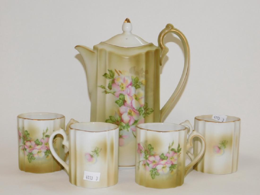 MODERN HAND PAINTED NIPPON TEA/COFFEE SET: POT IS 8 3/4" TALL, CUPS ARE 3 1/4" TALL. GOOD CONDITION. UNIQUE OVAL SHAPE