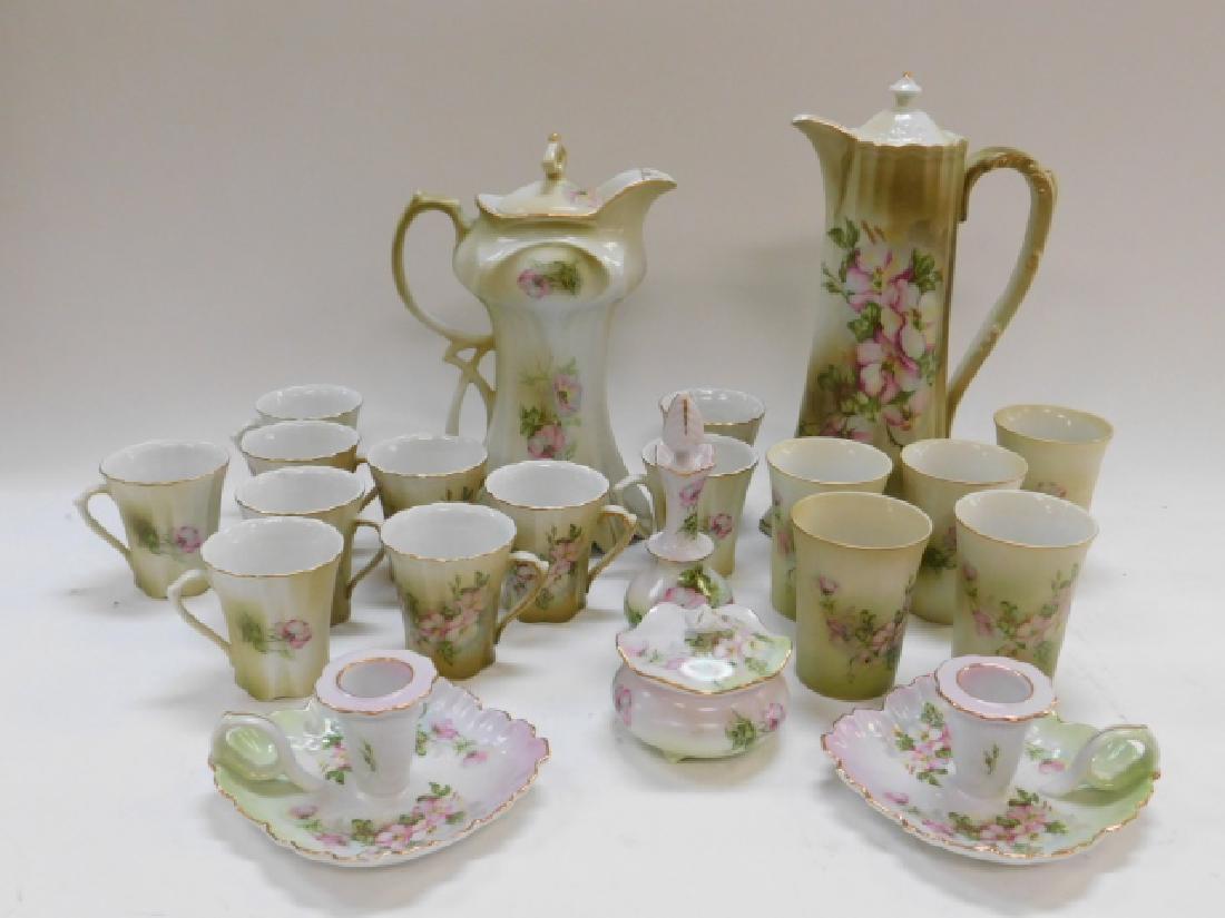COLLECTION OF MODERN HAND PAINTED NIPPON: TALLEST TEA POT IS 12" TALL. WITH (5) 3 3/4" CUPS AND (10) 3" TEA CUPS, 2 CANDLE STICK HOLDERS, AND BOTTLE