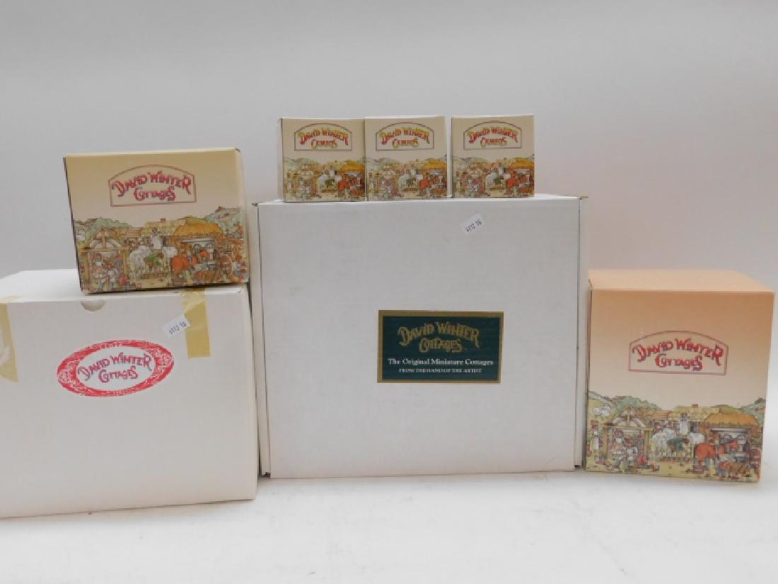 6 PIECE DAVID WINTER COLLECTION: INCLUDES: LYCH GATE, THE SCROOGE FAMILY HOME PLAQUE, SADDLE STEPS, WELSH PIG PEN, THE BULL AND BUSH, CORNISH HARBOUR