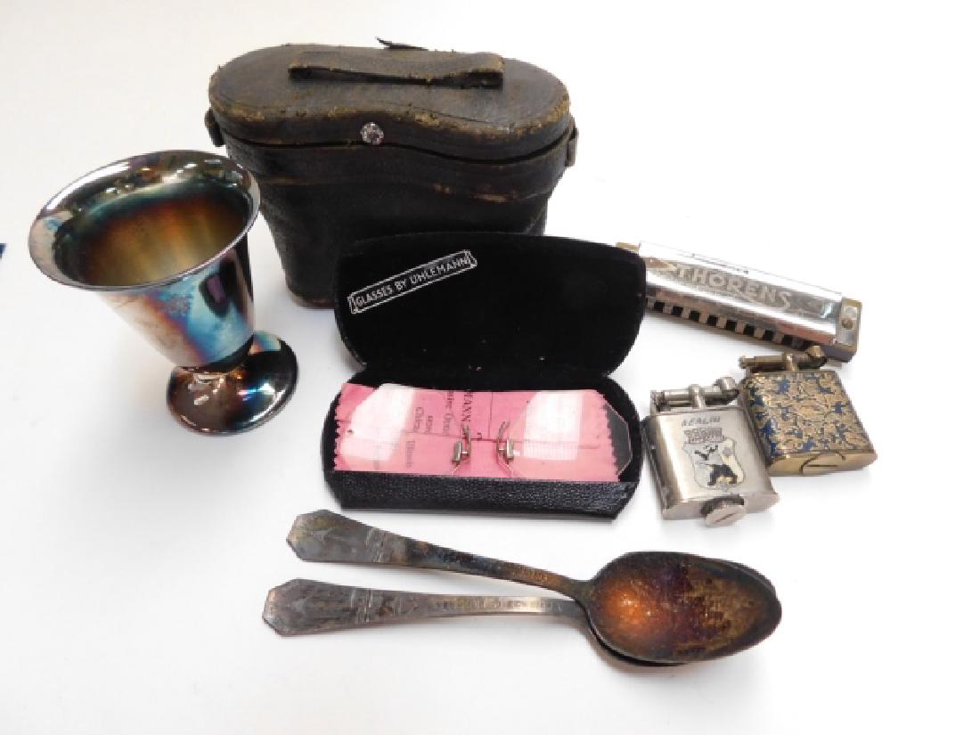 BINOCULARS, HARMONICA, CIGARETTE LIGHTER & MORE: INCLUDES GLASSES AND SOUVENIR SPOONS
