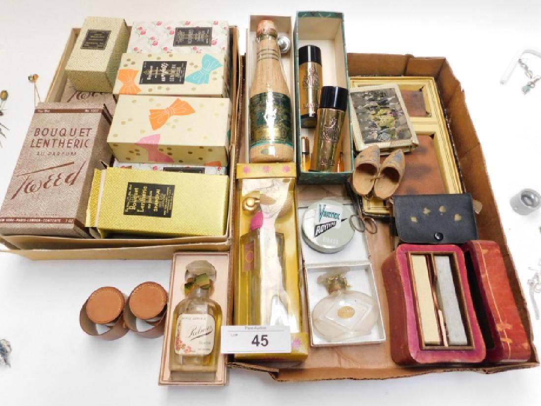 LARGE ASSORTMENT OF VINTAGE PERFUME BOTTLES & MORE: ALSO INCLUDES WALLETS, SHOT GLASSES, PLAYING CARDS.