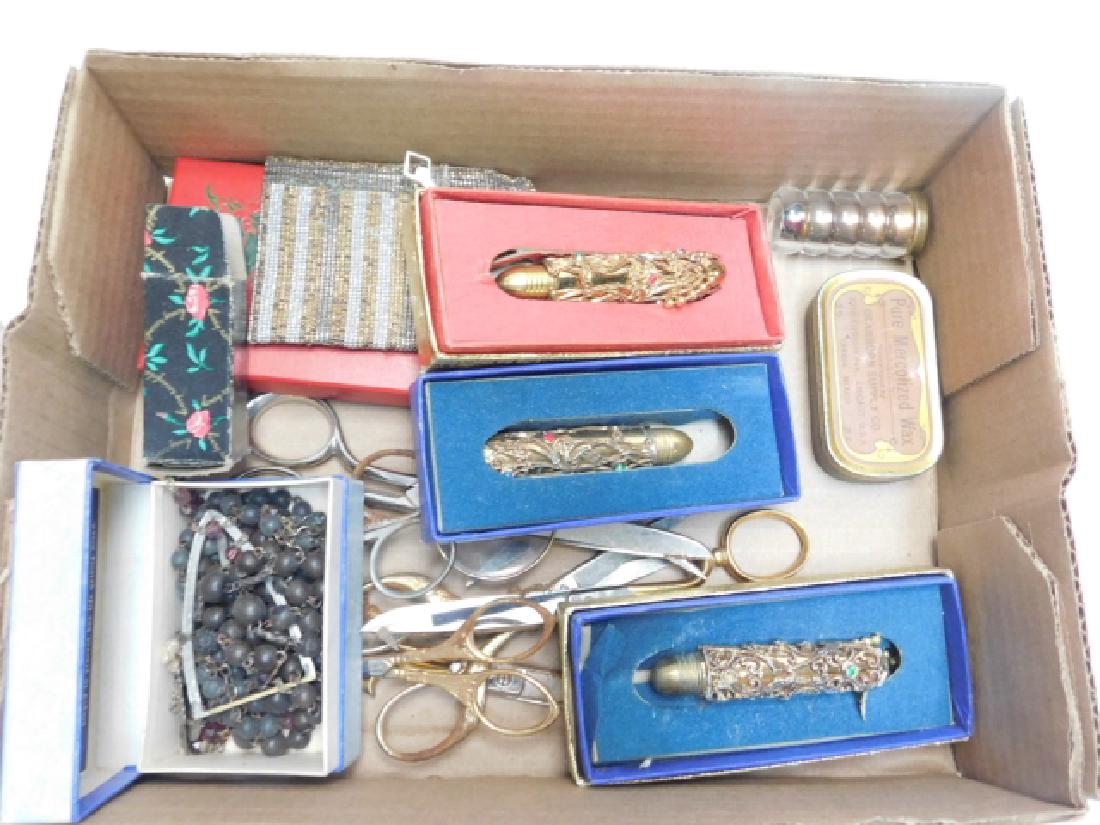 LOT OF PERFUME BOTTLES, PURSES, AND SCISSORS: AS SHOWN