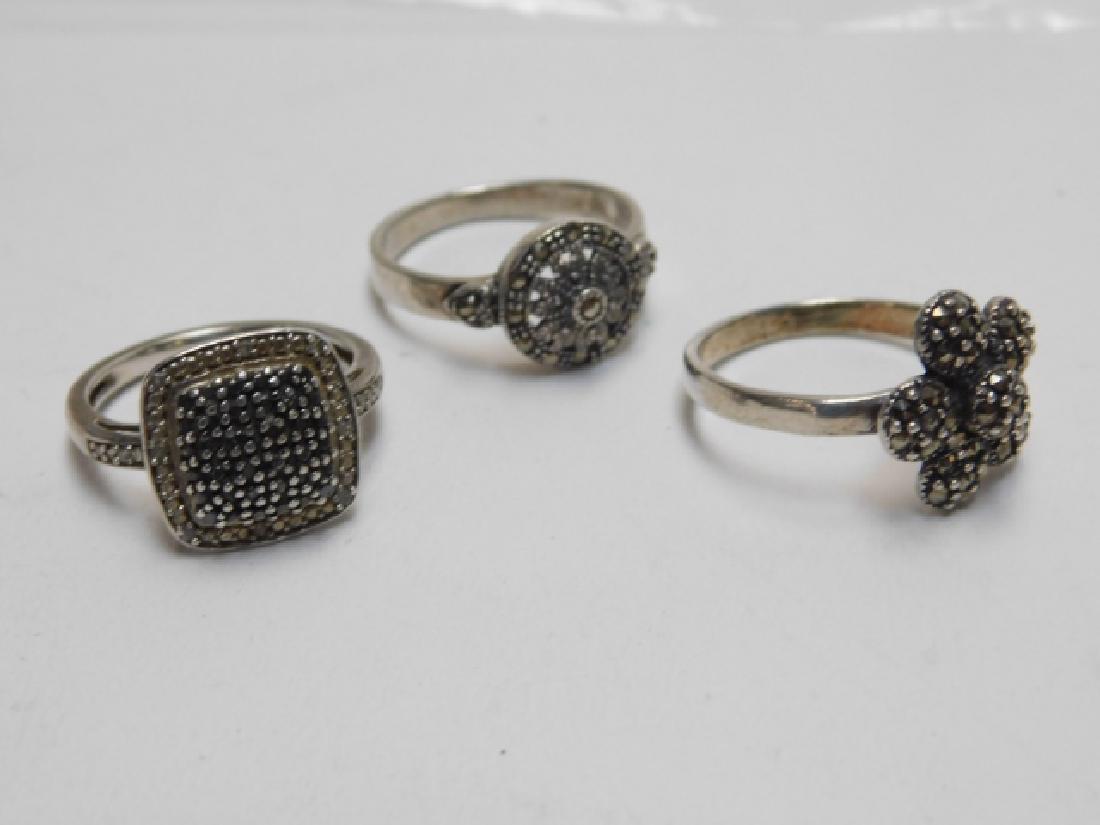 THREE MARCASITE STERLING SILVER RINGS: SIZES 6.5, 8, AND 6.5. 0.3OZ