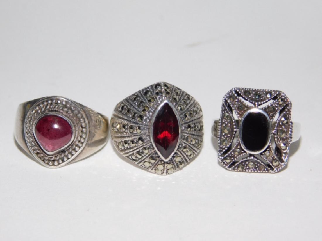 THREE MARCASITE STERLING SILVER RINGS: BEAUTIFUL MARCASITE RINGS. SIZES 5.5, 6, AND 7.5. 0.3OZ