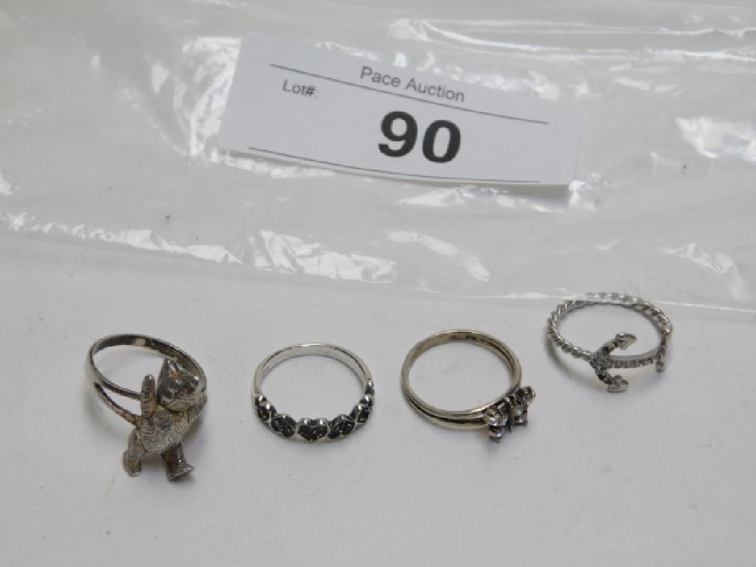FOUR STERLING SILVER RINGS: BUTTERFLY, HEARTS, ANCHOR AND BEAR BEAR HEAD AND HIND LEGS MOVE- REALLY COOL, VERY UNUSUAL. SIZES 6-7.5 0.3OZ