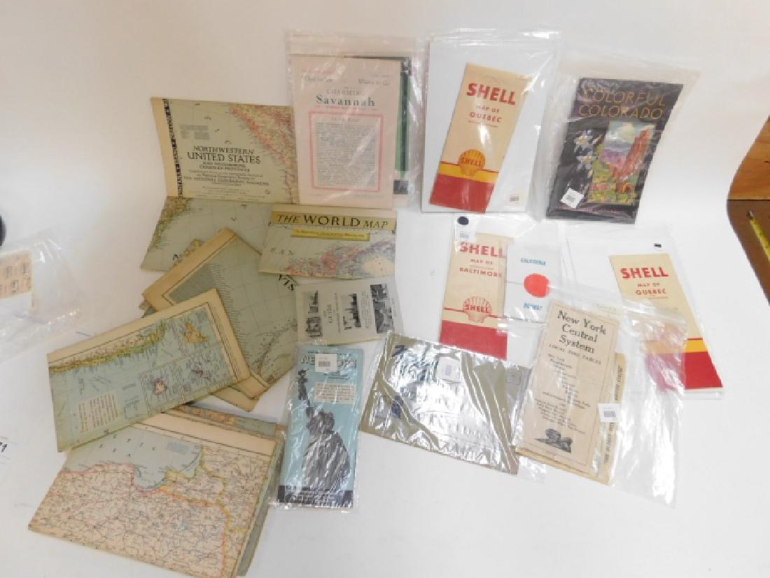 COLLECTION OF MAPS: WORLD MAP, ASIA, NEW YORK CENTRAL, COLORADO, ALSO BROCHURES INCLUDING SHELL GAS STATION AND OTHERS.