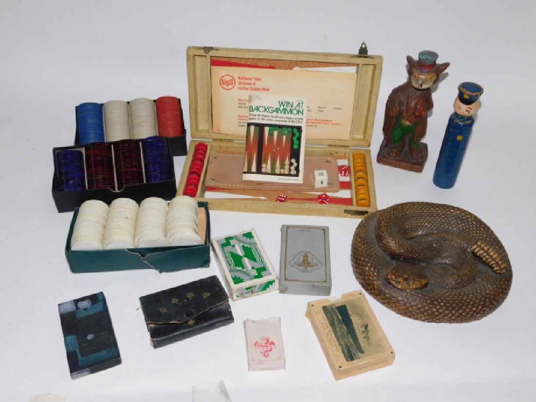 LOT OF POKER CHIPS, BACKGAMMON, PLAYING CARDS, (1 of 5)
