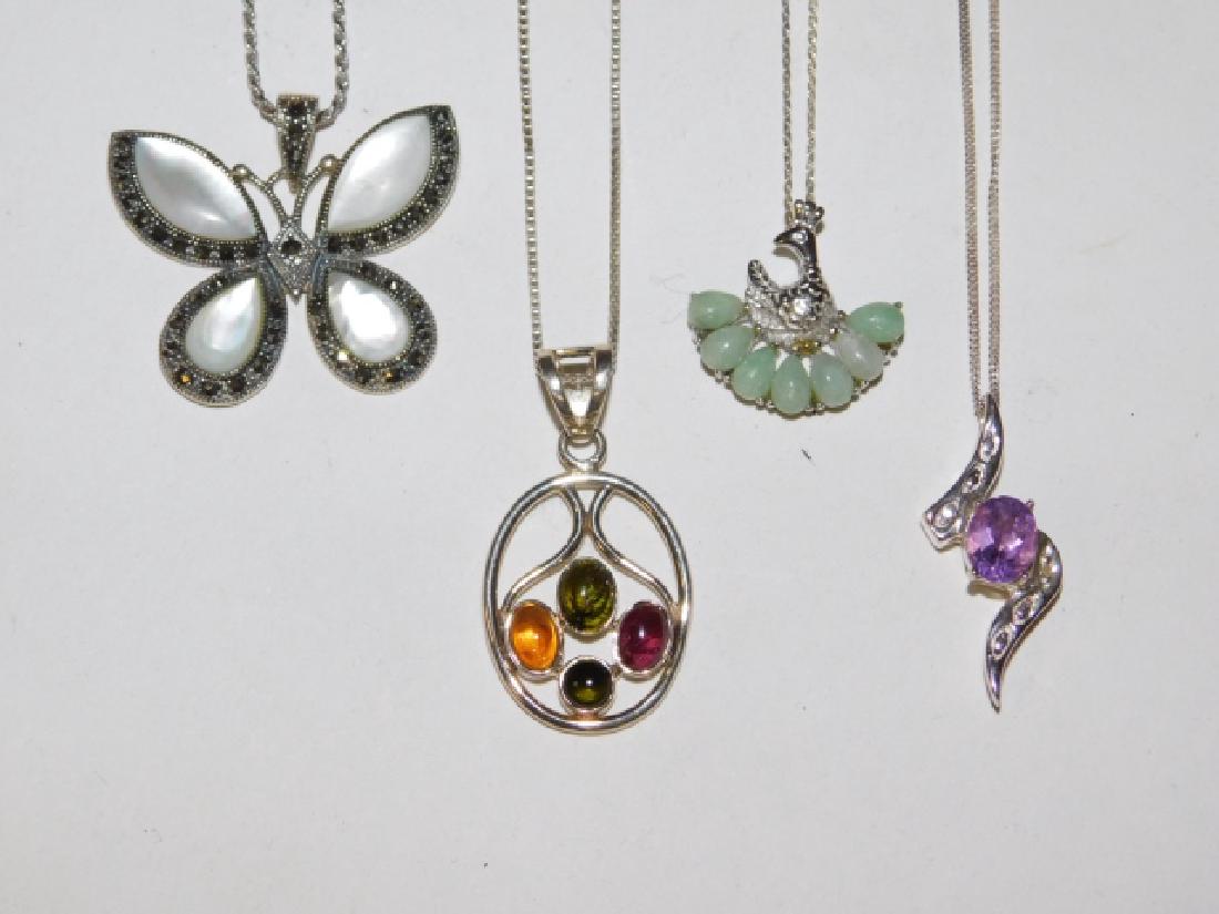 FOUR STERLING SILVER NECKLACES: MARKED 925. INCLUDES MARCASITE, JADE AND MORE