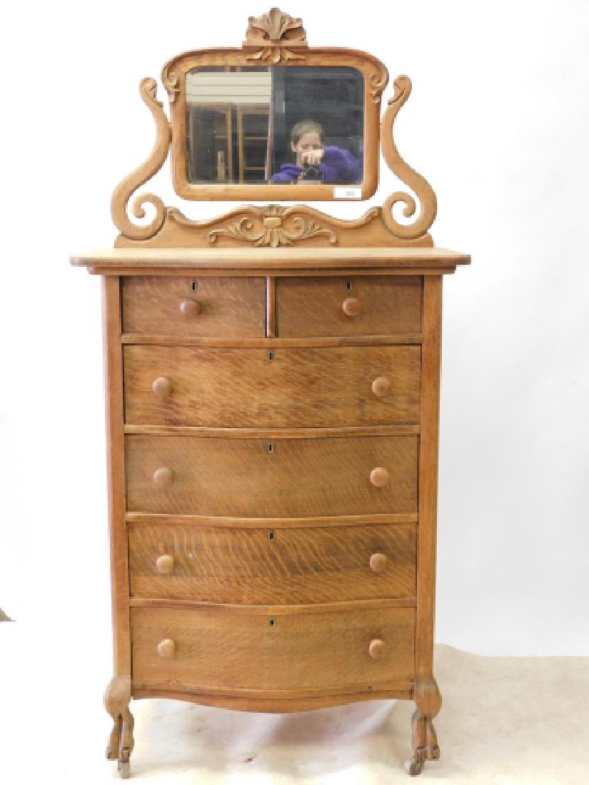 OAK HIGH BOY DRESSER WITH BEVELED MIRROR: SERPENTINE FRONT, CLAW FOOT