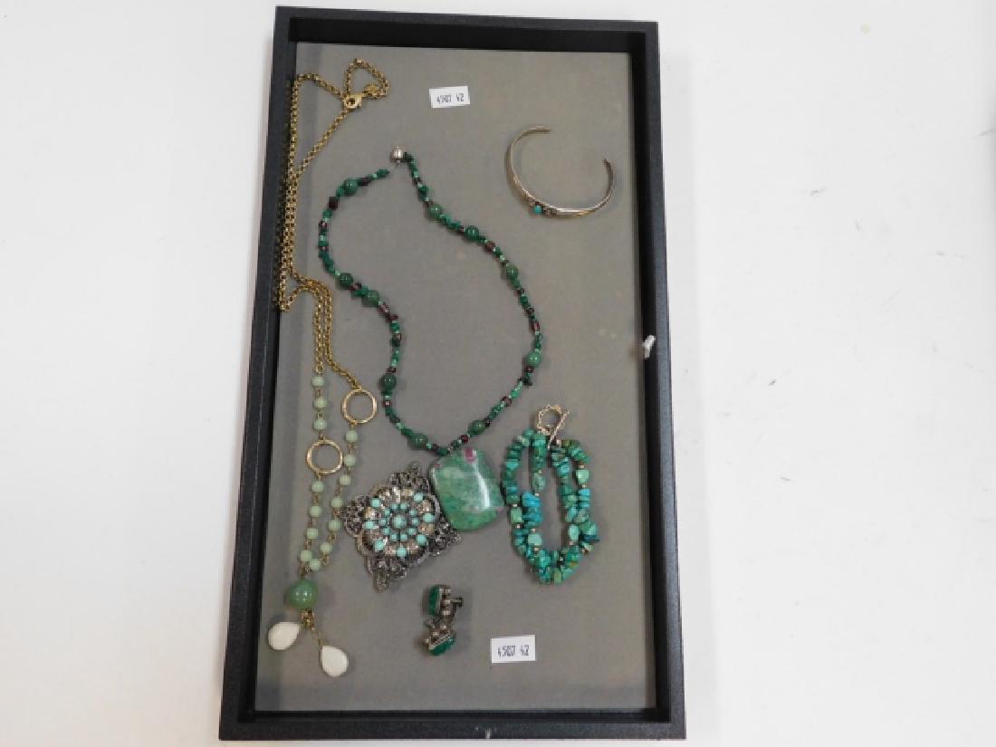 NATURAL STONE NECKLACES AND BRACELETS.: STERLING BRACELET, BEADED NECKLACES, SOME TURQUOISE. GORGEOUS LOT, THE COLORS REALLY SHINE IN THE SUNLIGHT