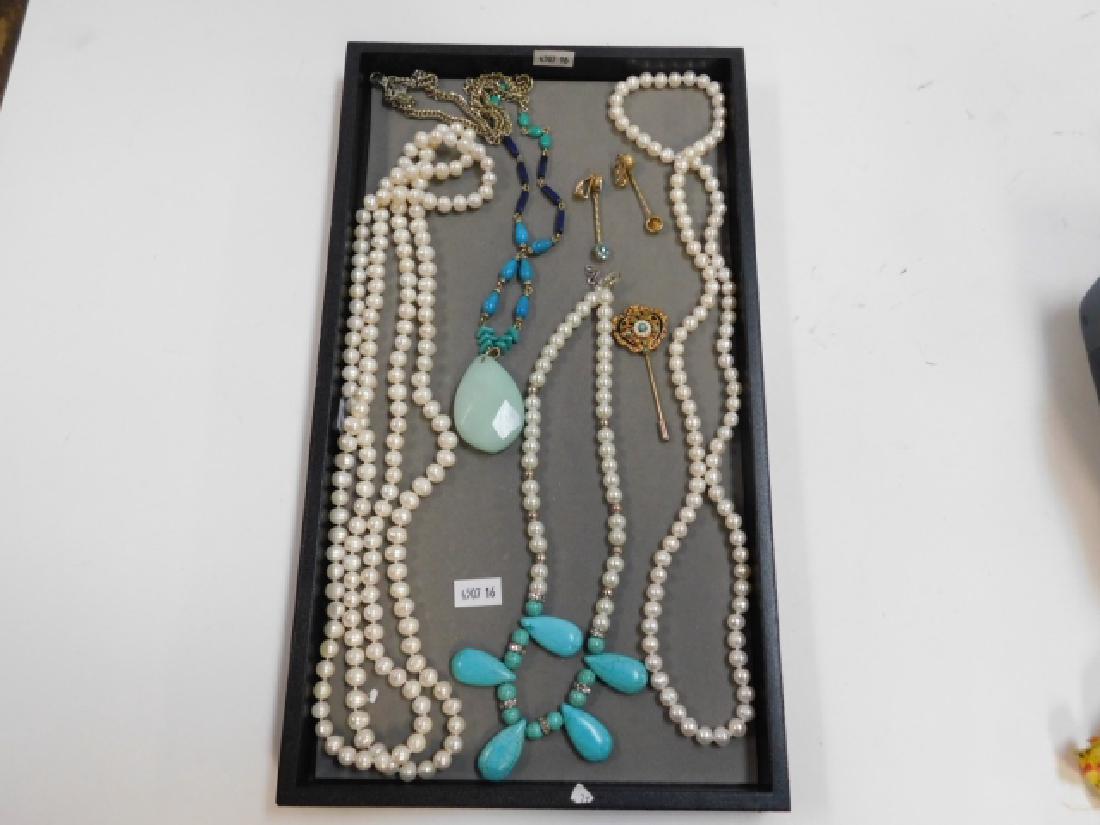 COLLECTION OF COSTUME JEWELRY: GORGEOUS COLLECTION WITH BRIGHT VIBRANT COLORS, COLLECTION INCLUDES PEARL NECKLACES, EARRINGS, STICK PIN.