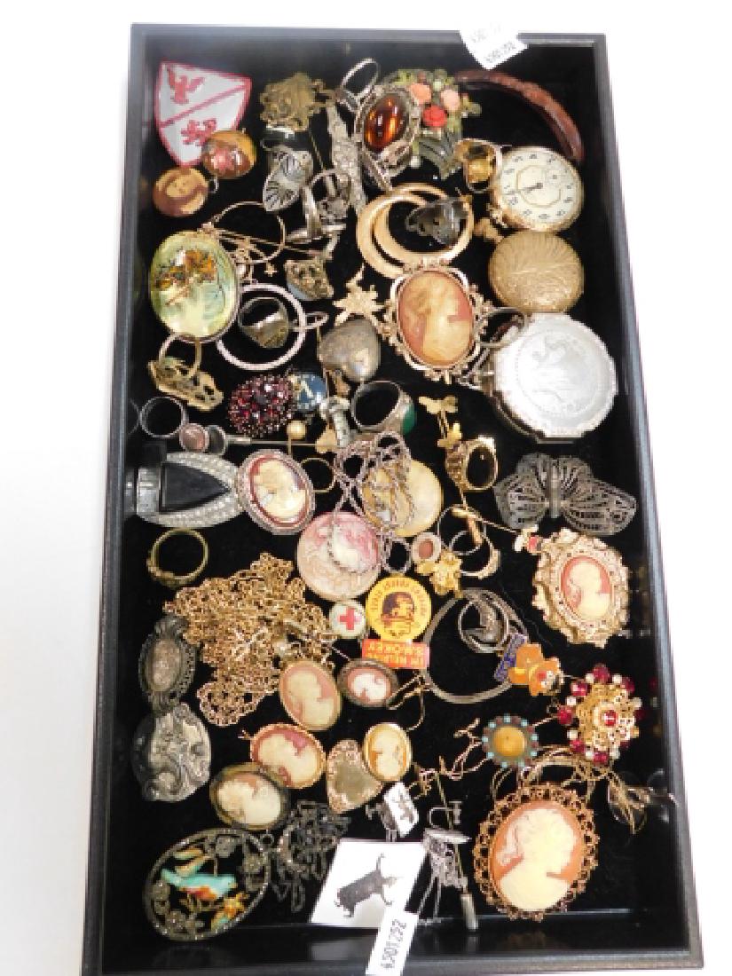 COLLECTION OF COSTUME AND VINTAGE JEWELRY: VERY LARGE LOT INCLUDING RINGS, POCKET WATCH, NECKLACES, PENDANTS, AND SO MUCH MORE