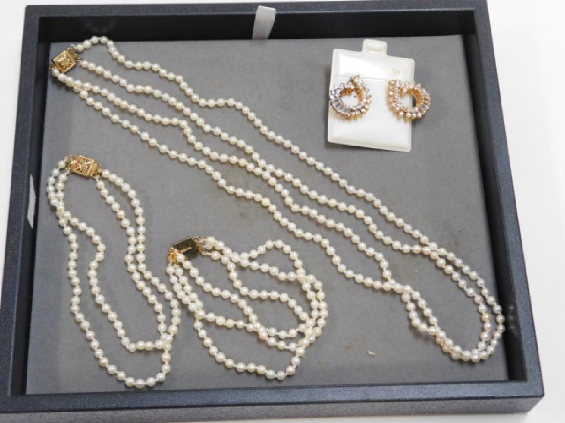 PEARL NECKLACE WITH STERLING BRACELET, AND MORE: NECKLACE IS 20" WITH STERLING BRACELET AND ANKLET, AND SET OF STERLING EARRINGS