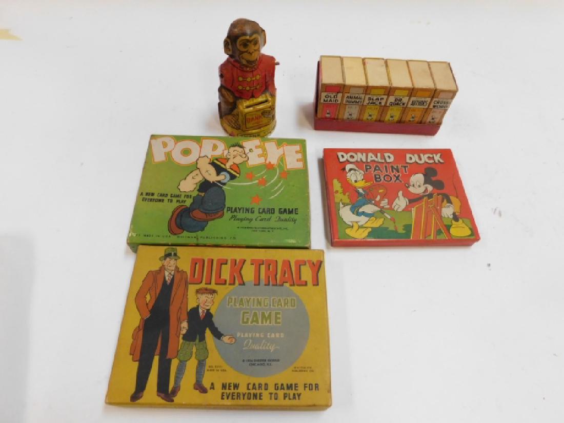 POPEYE GAME, DONALD DUCK PAINT SET: DICK TRACY, MADE BY CHEN TIN MONKEY BANK WITH NO BOTTOM.DONALD DUCK PAINT SET IS EMPTY.