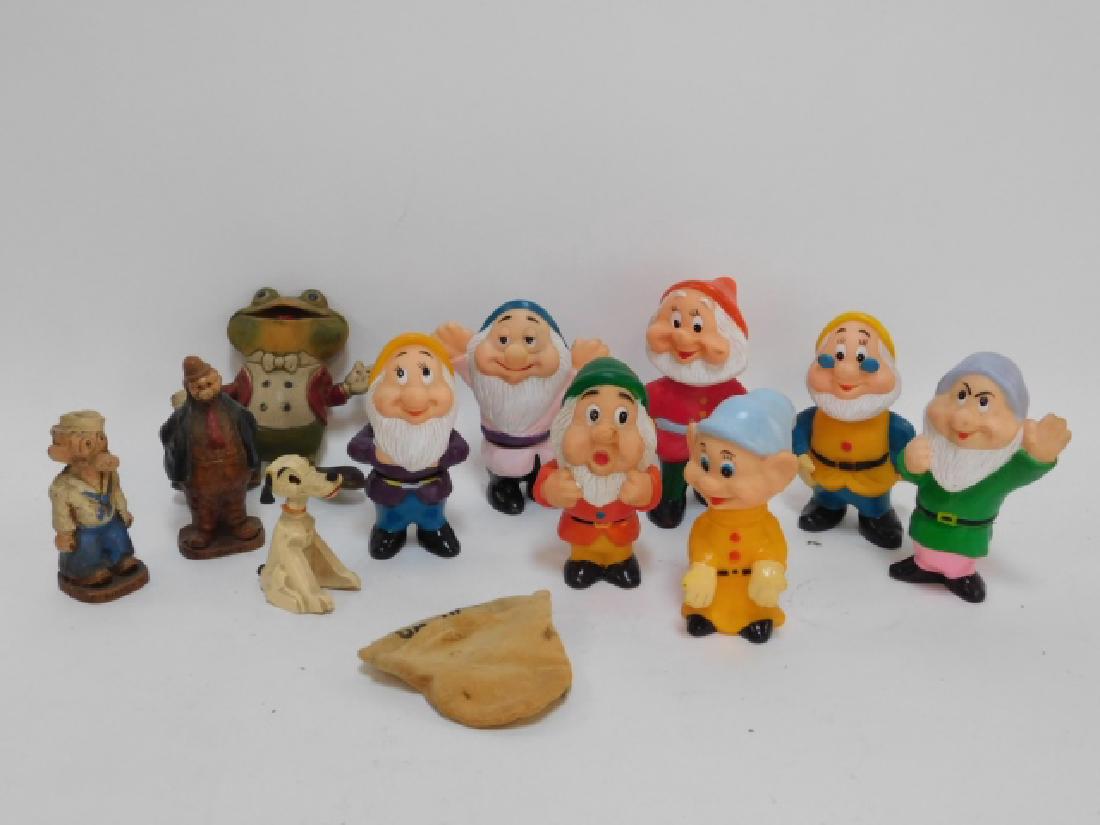 RUBBER DWARFS TOYS AND FIGURES: TALLEST IS APPROX 5 1/2". LOT INCLUDES POPEYE FIGURES, AND A FEW OF THE DWARFS FROM SNOW WHITE, ALONG WITH A FROG