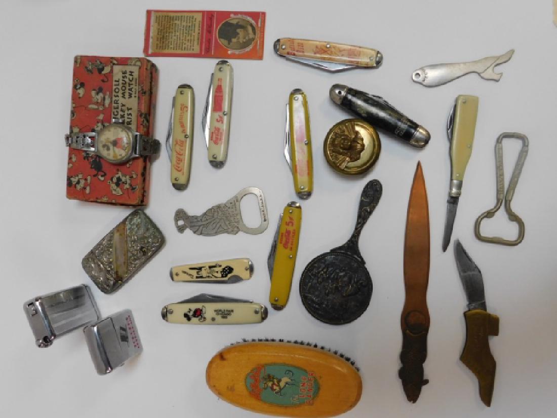 LOT OF POCKET KNIVES, WATCH, LIGHTERS, AND MORE: BUFFALO BILL, MICKEY MOUSE, COCA-COLA, AND OTHER POCKET KNIVES. MICKEY MOUSE WATCH, LIGHTERS, SMALL HAND HELD MIRROR, LETTER OPENER, BOTTLE OPENERS.