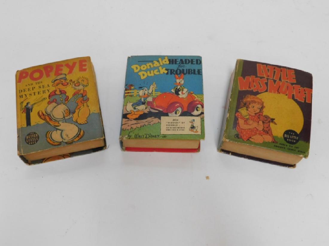 COLLECTION OF BIG LITTLE BOOKS: POCKET SIZE- ROUGHLY 4 1/2" BY 3 3/4" BOOKS INCLUDING DONALD DUCK HEADED FOR TROUBLE, LITTLE MISS MUFFET, AND POPEYE AND THE DEEP SEA MYSTERY. LITTLE MISS MUFFET HAS INSIDE COVER WRITING AND LOSE BIND