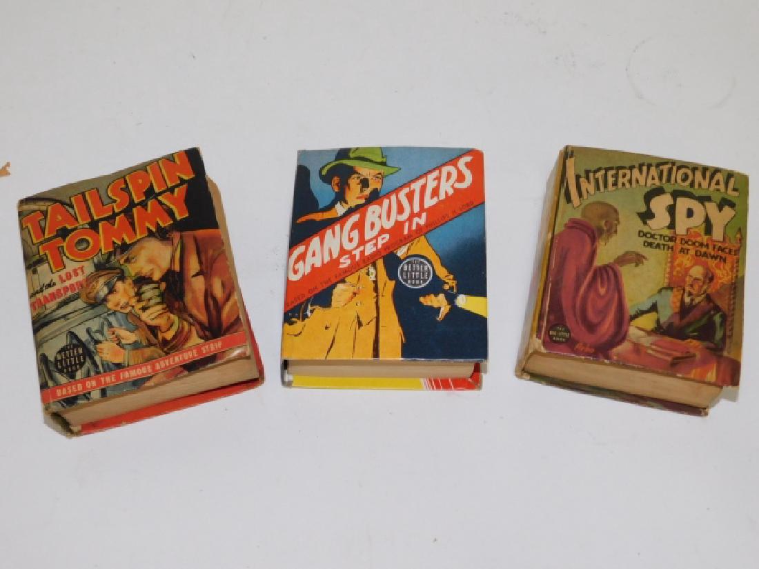 COLLECTION OF BIG LITTLE BOOKS: POCKET SIZE- ROUGHLY 4 1/2" BY 3 3/4" BOOKS INCLUDING TAILSPIN TOMMY, GANG BUSTERS STEP IN, AND INTERNATIONAL SPY. POCKET SIZE- ROUGHLY 4 1/2" BY 3 3/4". WRITING AND BENT COVER ON ONE OF THEM. OTHERWI