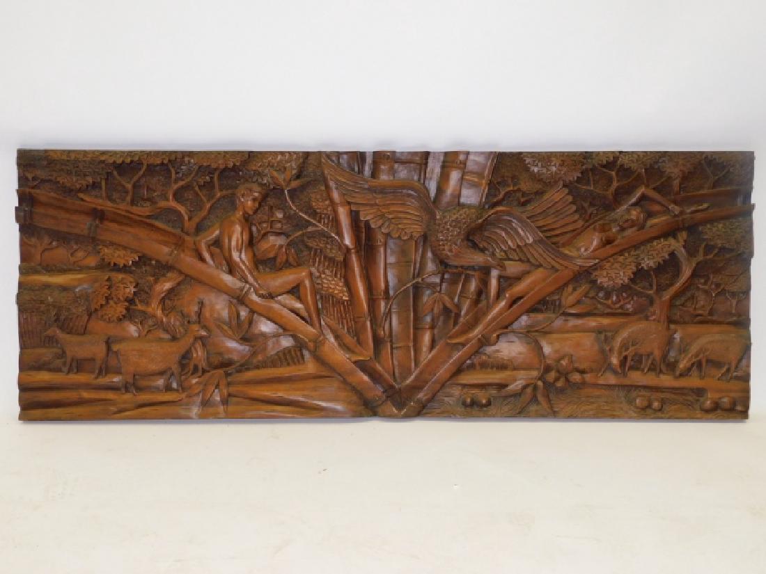 HEAVILY CARVED ADAM AND EVE: MISSING TRIM AND PIECES. 74X27IN CARVED FROM ONE PIECE OF WOOD